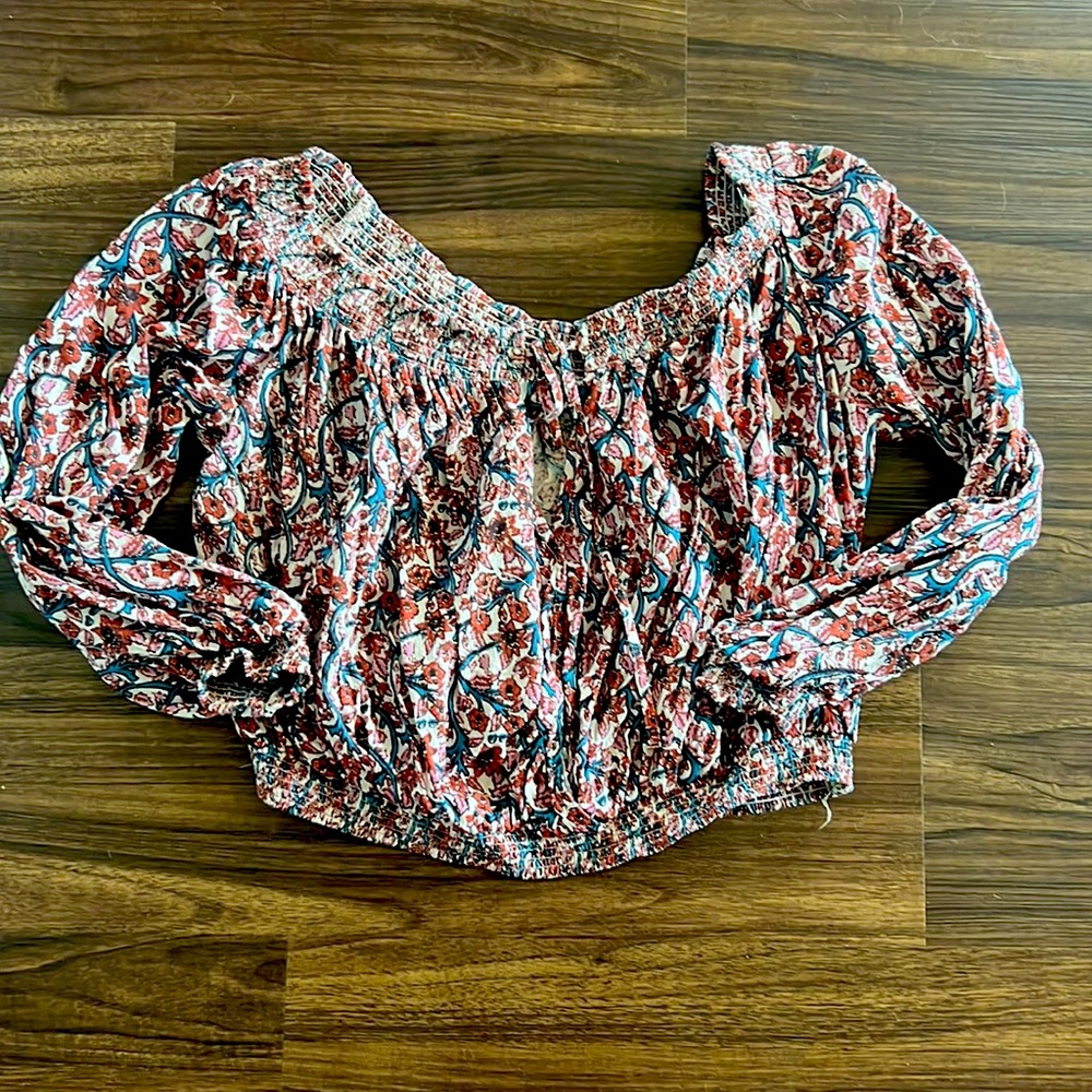 Long Sleeve Off Shoulder Floral Crop Top